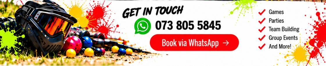 Paintball equipment and colourful paintballs. Get in touch: 073 805 5845. Games, parties, team building, group events and more.