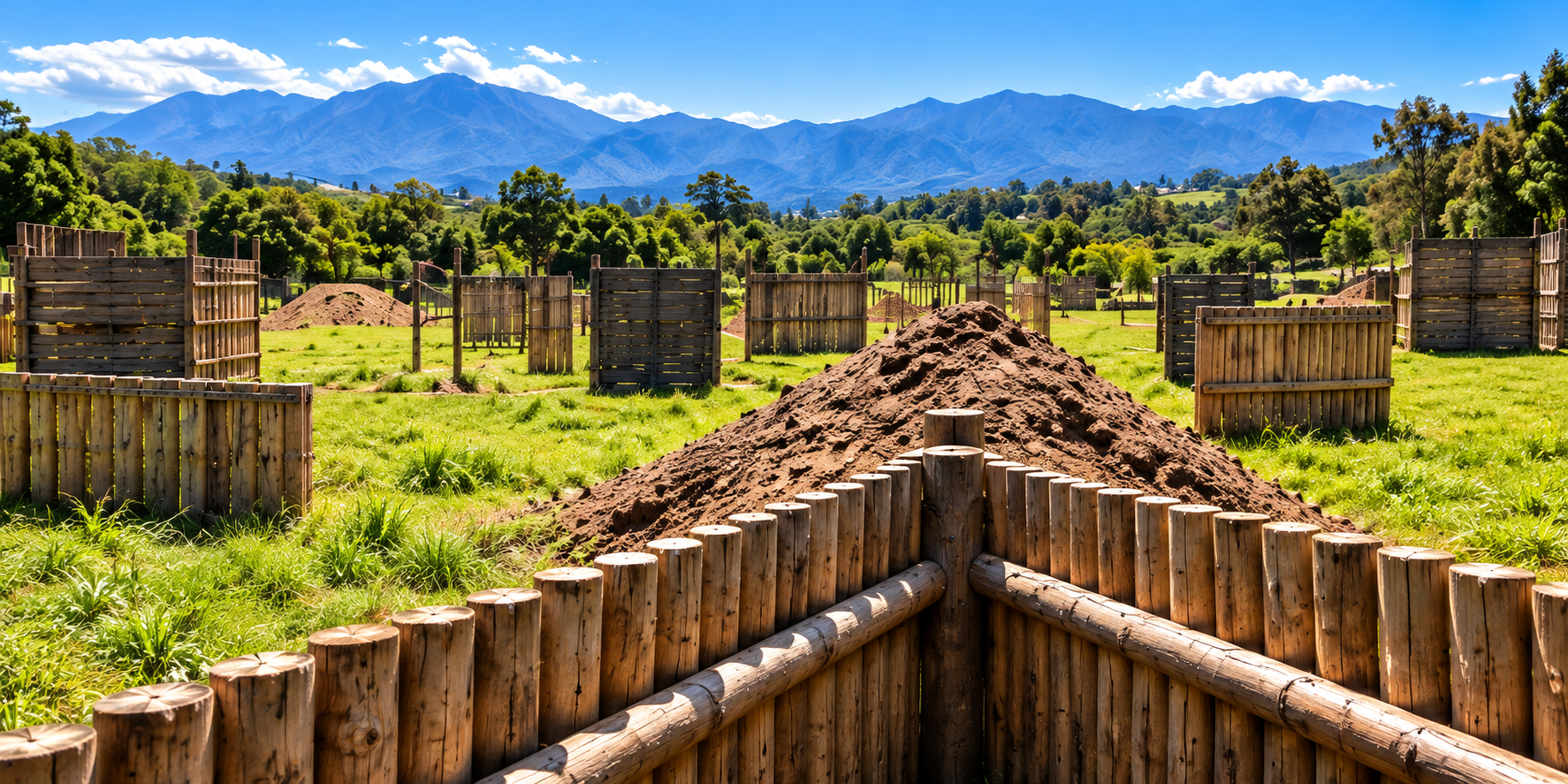 Paintball arena scene with timber barricades, a trench and mountain backdrop