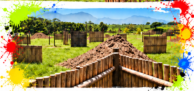 The outdoor course with wooden barricades and a timber trench.