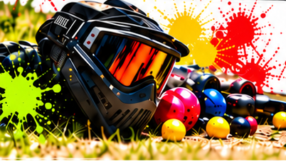 A paintball mask, marker and colourful paintballs on the grass.