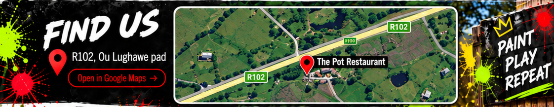 Find us at R102, Ou Lughawe Pad. A map showing The Pot Restaurant and the R102. Paint, play, repeat.
