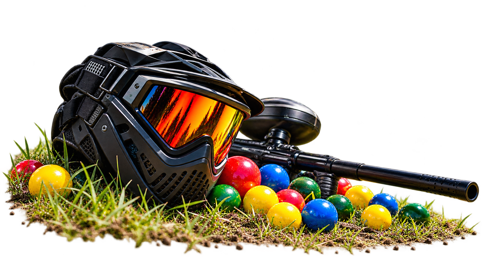 Paintball mask, marker and colourful paintballs